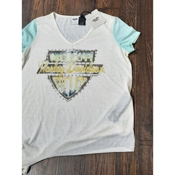 Harley-Davidson Women's Aquamarine Cream Two Tone Tie Up Size L T-Shirt. READ! - Picture 2 of 12
